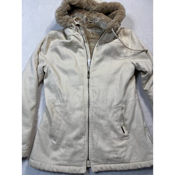 Womens Hemp Hoodlamb Size Medium Jacket Coat Hooded Cream Fur Lined Canvas Heavy - Picture 1 of 12